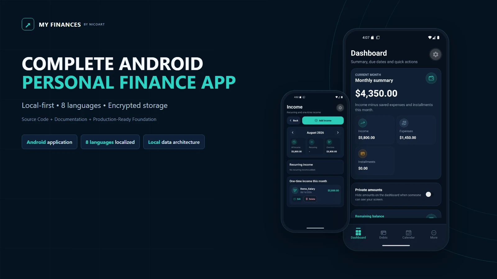 My Finances dashboard and income screens in Android phone mockups