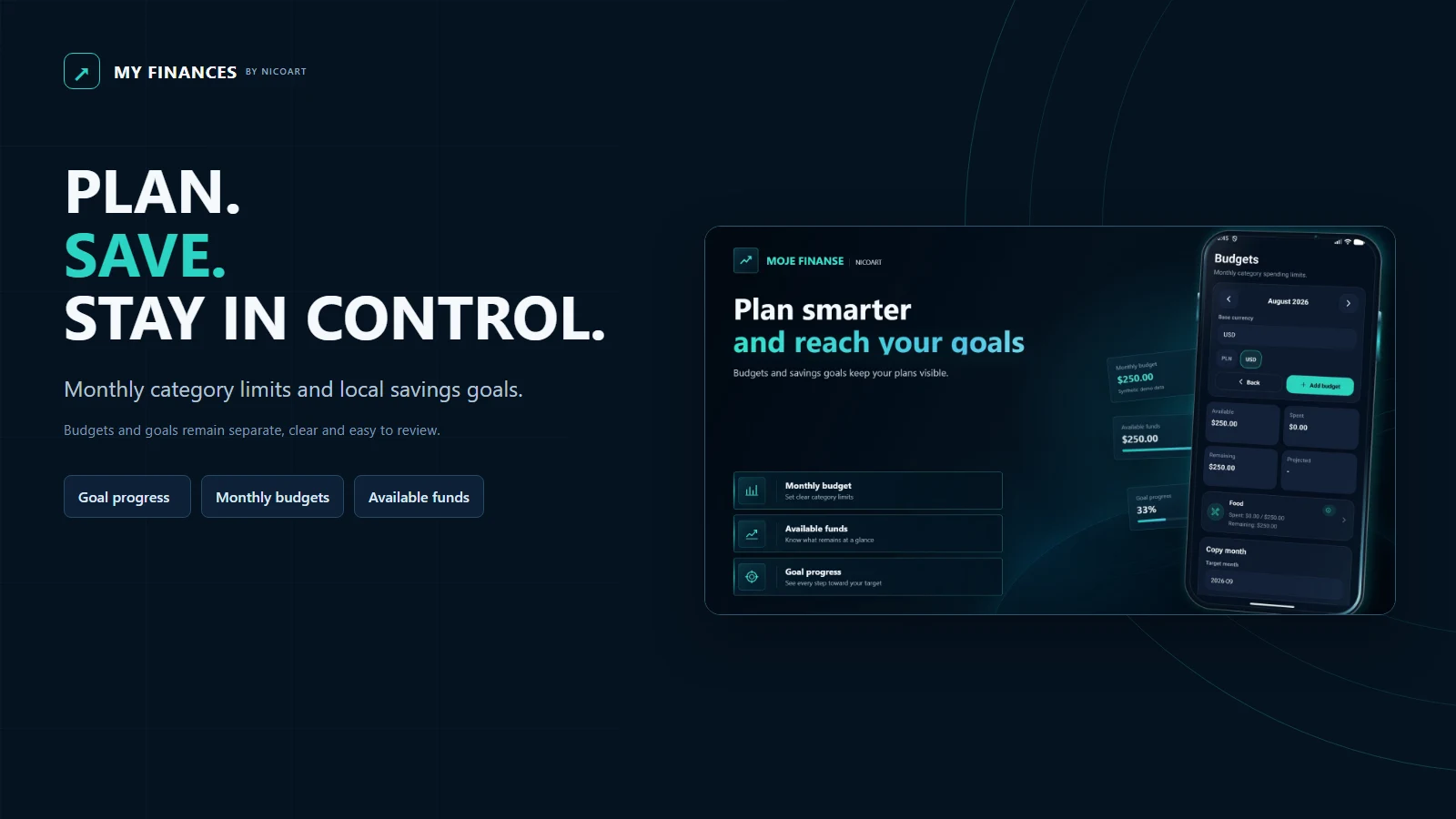 My Finances budgets and savings goals screens