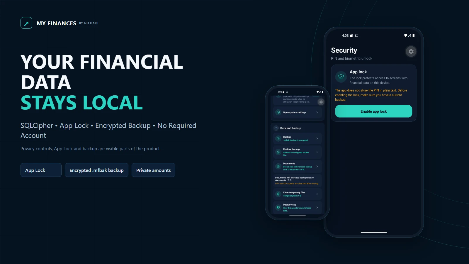My Finances privacy and security screen